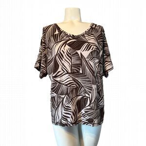 Chico's Brown and Off-white Leaf Print Blouse Top 3 16 XL